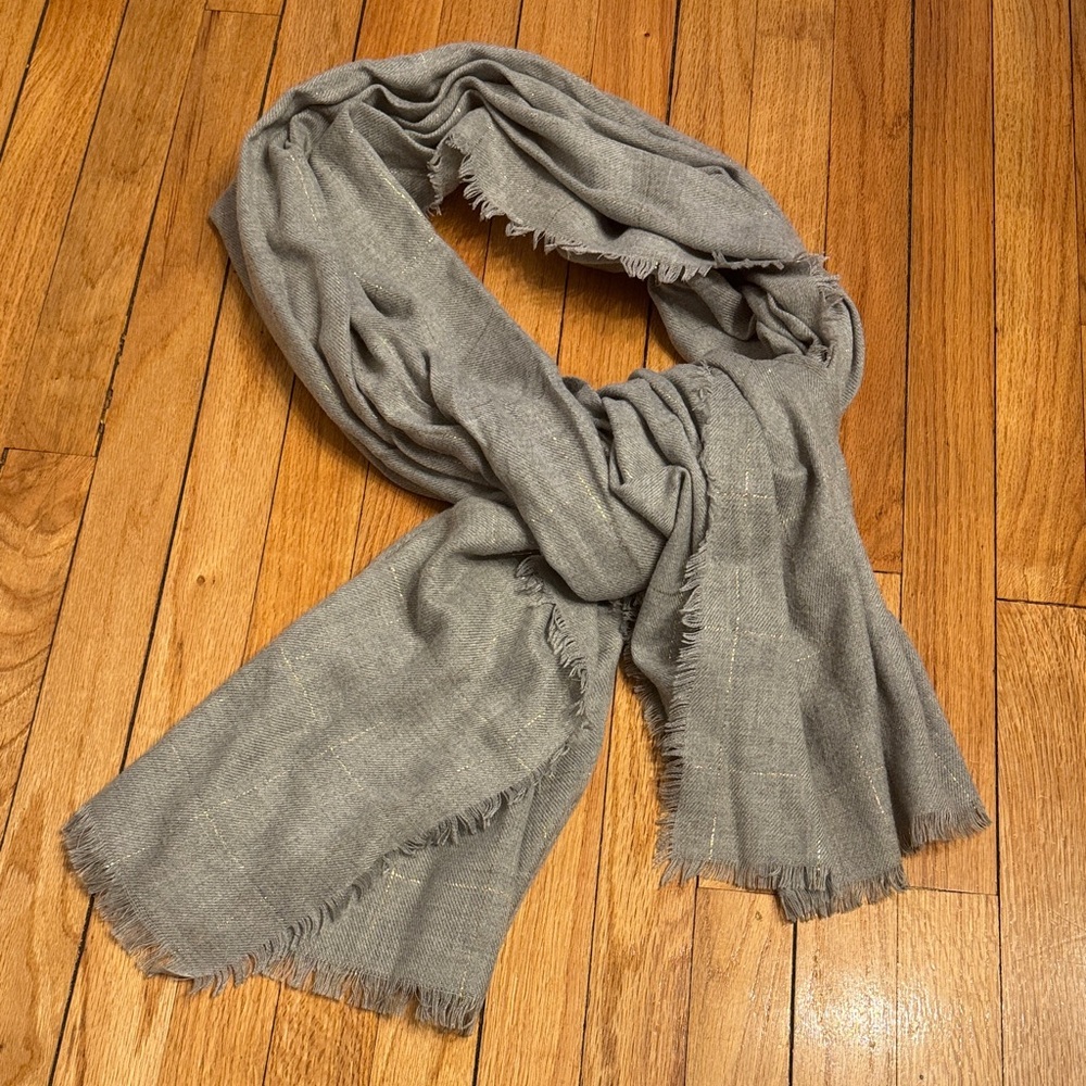 a new day Gray Scarf With Gold Woven Tinsel Short Fringe